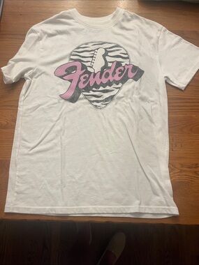 Fender White Tee with Pink Script and Zebra Pick Graphic